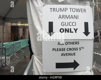 New York, USA. 11th Feb, 2017. A sign outside Trump Tower during the press conference by US president elect Trump, in New York, USA, 11 February 2017. Photo: Christina Horsten/dpa/Alamy Live News Stock Photo