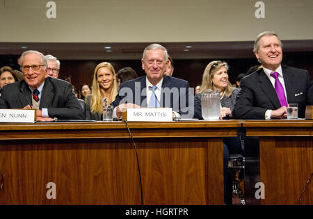 Washington DC, USA. 12th January 2017. Former United States Senator Sam Nunn (Democrat of Georgia), left, and former US Secretary of Defense William Cohen, right, appear before the United States Senate Committee on Armed Services as it holds a confirmation hearing on the nomination of US Marine Corps General James N. Mattis (retired), center, to be Secretary of Defense on Capitol Hill in Washington, DC on Thursday, January 12, 2017. Nunn and Cohen each introduced and endorsed Mattis for the post. Credit: MediaPunch Inc/Alamy Live News Stock Photo