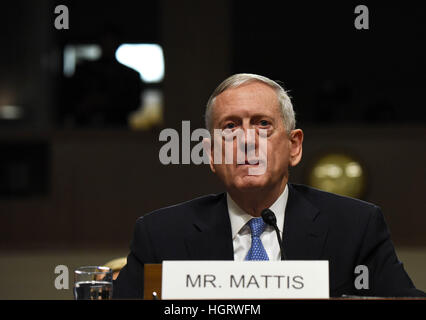 Washington, USA. 12th Jan, 2017. Defense Secretary nominee James Mattis testifies before Senate Armed Services Committee on his nomination on Capitol Hill in Washington, DC, USA. © Yin Bogu/Xinhua/Alamy Live News Stock Photo