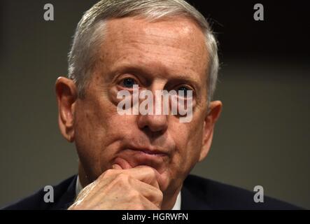 Washington, USA. 12th Jan, 2017. Defense Secretary nominee James Mattis testifies before Senate Armed Services Committee on his nomination on Capitol Hill in Washington, DC, USA. © Yin Bogu/Xinhua/Alamy Live News Stock Photo