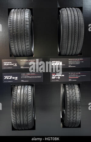 Tokyo, Japan. 13th Jan, 2017. The New YOKOHAMA ADVAN tires on display at Tokyo Auto Salon 2017. Tokyo Auto Salon is Japan's largest show for custom cars with 417 automobile-related exhibitors displaying their latest cars, products. © Alessandro Di Ciommo/ZUMA Wire/Alamy Live News Stock Photo