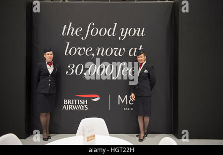 ExCel, London, UK. 13th January, 2017. The Telegraph Travel Show and Telegraph Cruise Show open as light snow falls outside ExCel. BA and M&S Hub - British Airways partners with Marks and Spencer to offer short-haul customers to and from London Heathrow and London Gatwick the option to purchase fresh and premium foods at 30,000ft from the British brand. © Malcolm Park editorial/Alamy Live News. Stock Photo