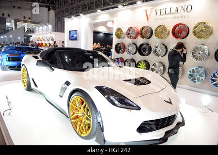 Tokyo. 13th Jan, 2017. Photo taken on Jan. 13, 2017 shows the latest wheel products at the Tokyo Auto Salon 2017 in Chiba, Japan. The exhibition showcases the latest customized cars and car-related products. © Ma Ping/Xinhua/Alamy Live News Stock Photo