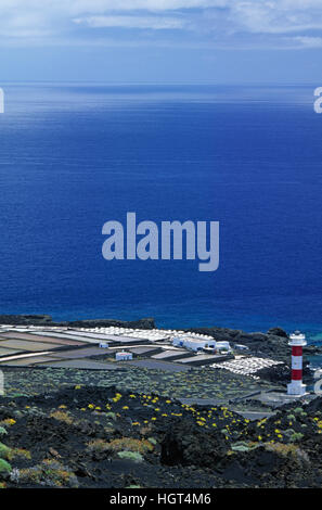Saltworks and lighthouse in Los Canarios (Fuencaliente), La Palma, Canary Islands, Spain Stock Photo