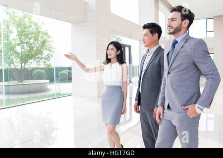 Businessmen and businesswoman talking Stock Photo