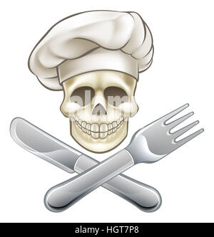 Cook cartoon pirate skull and crossbones with cross knife and fork and chef hat Stock Photo