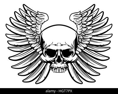 A skull and wings drawn in a vintage retro woodcut etched or engraved style Stock Photo