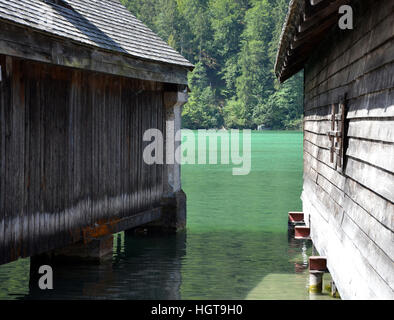 Königsee view between two boathouses, in Berchtesgadener Land, Bavaria, Germany Stock Photo