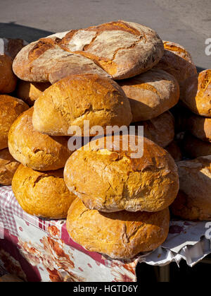 Traditional Cantabrian bread for sale in a market at Potes in the Picos de Europa National Park Cantabria northern Spain Stock Photo