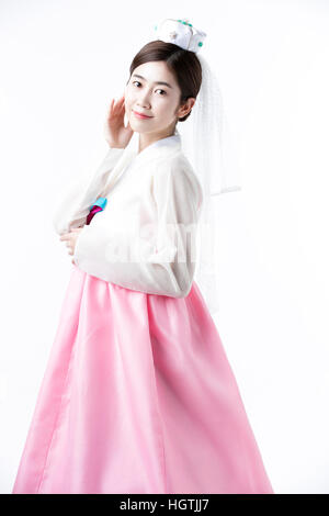 Young smiling bride in traditional Korean clothes Stock Photo