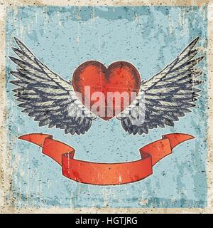 Hand drawn vector colored sketch illustration - creative vintage valentines day love card design, heart with banner and wings, grunge paper blue background. Stock Vector