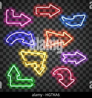 Set of glowing neon arrows of different colors isolated on transparent background. Shining and glowing neon effect. Every arrow is separate unit with  Stock Vector