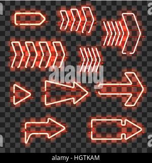 Set of glowing orange neon arrows isolated on transparent background. Shining and glowing neon effect. Every arrow is separate unit with wires, tubes, Stock Vector