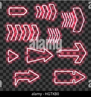 Set of glowing pink neon arrows isolated on transparent background. Shining and glowing neon effect. Every arrow is separate unit with wires, tubes, b Stock Vector