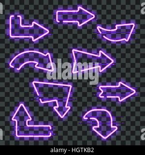 Set of glowing purple neon arrows isolated on transparent background. Shining and glowing neon effect. Every arrow is separate unit with wires, tubes, Stock Vector