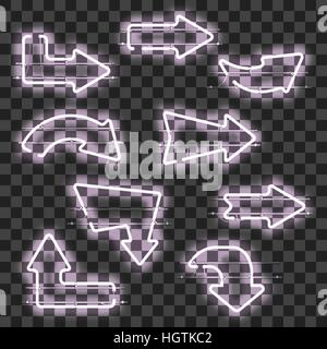 Set of glowing white neon arrows isolated on transparent background. Shining and glowing neon effect. Every arrow is separate unit with wires, tubes,  Stock Vector