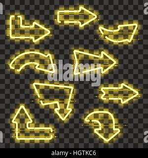 Set of glowing yellow neon arrows isolated on transparent background. Shining and glowing neon effect. Every arrow is separate unit with wires, tubes, Stock Vector