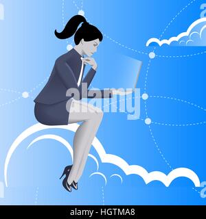 Cloud business concept. Pensive business woman in business suit with laptop in her hand sitting on the cloud and watching on the glowing laptop screen Stock Vector