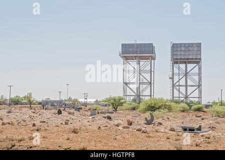 JACOBSDAL, SOUTH AFRICA - DECEMBER 31, 2016: Water reservoirs and a cemetery in Jacobsdal, a small town in the Free State Province Stock Photo