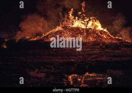 Large bonfire during a New Year's Eve celebration in Reykjavik, Iceland. Stock Photo