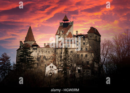 Bran Castle, Transylvania, Romania. Stunning sunset over the castle of Dracula. Stock Photo