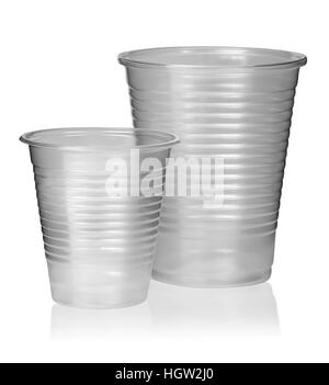 Two different plastic cups vertically isolated on white background Stock Photo