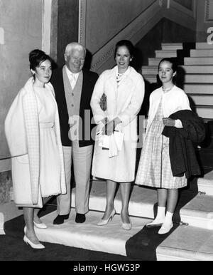 CHARLES CHAPLIN with wife Oona and daughters Josephine at left and Victoria in Milan about 1975 Stock Photo