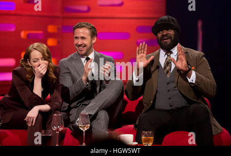 Emma Stone, Ryan Gosling and Gregory Porter (right) during filming of the Graham Norton Show at The London Studios, south London, to be aired on BBC One on Friday. PRESS ASSOCIATION. Picture date: Thursday January 12, 2017. Photo credit should read: PA Images on behalf of So TV. Stock Photo
