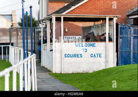 Small spectator stand at Squires Gate FC, of the North West Counties League Premier division, Squires Gate, Blackpool, UK.