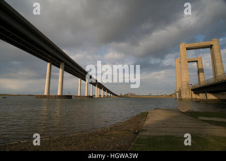 The Sheppey Crossing road bridge linking the Kent (UK) mainland to the Isle of Sheppey Stock Photo