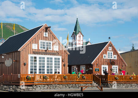 Houses and restaurant Gamli Baukur, at harbour, Husavik, Iceland Stock Photo