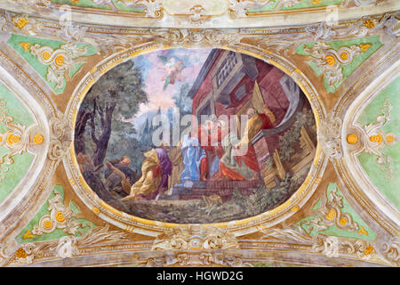 VIENNA, AUSTRIA - DECEMBER 19, 2016: The ceiling fresco of The Visit of Mary with Elizabeth in church Mariahilfer Kirche Stock Photo