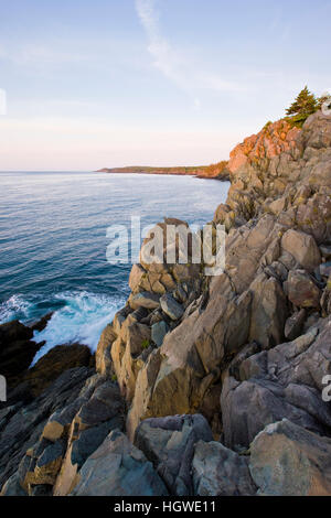 The cliffs of the Bold Coast trail in Cutler, Maine. Cutler Coast Public Reserved Land. Stock Photo