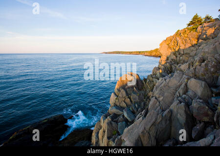 The cliffs of the Bold Coast trail in Cutler, Maine. Cutler Coast Public Reserved Land. Stock Photo