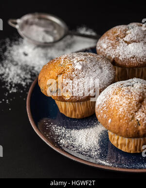Muffins sprinkled by powder sugar on blue plate. Stock Photo