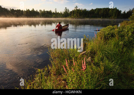 A man canoeing on Little Bear Brook Pond in Errol, New Hampshire. Northern Forest Stock Photo