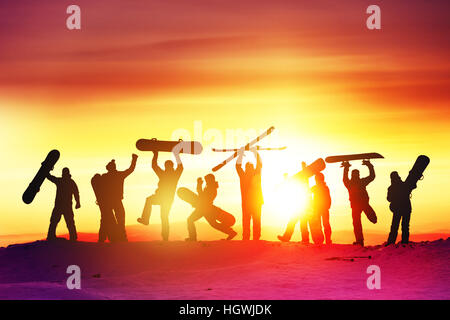 Group happy friends ski resort Stock Photo