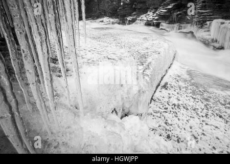 Icicles and Lower Falls on the Ammonoosuc River in Twin Mountain, New Hampshire. Stock Photo