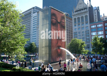 Crown Fountain is an interactive work of public art and video sculpture featured in Millennium Park, Chicago, Illinois Stock Photo