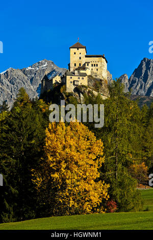 Autumn landscape with Tarasp Castle, Tarasp, Scuol, Lower Engadine, Grisons, Switzerland Stock Photo