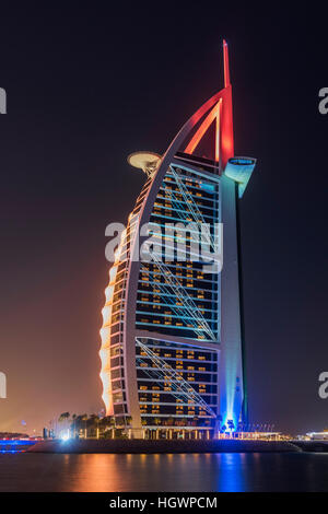 Night view of Burj Al Arab luxury hotel, Dubai, United Arab Emirates Stock Photo