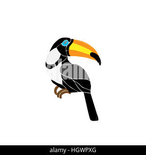 Hand drawn toucan seating on a tree branch, colorful sketch style  illustration isolated on white background. Hand drawing of toucan, scientific ornit Stock Photo