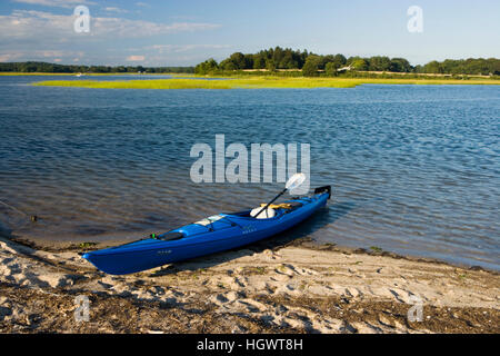 Kayaks on the beach at Griswold Point in Old Lyme, Connecticut.  Mouth of the Connecticut River.  Long Island Sound.  The Nature Conservancy's Griswol Stock Photo