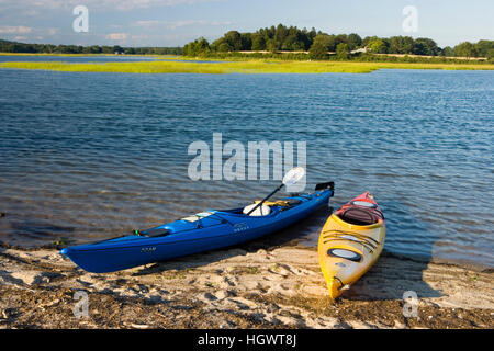 Kayaks on the beach at Griswold Point in Old Lyme, Connecticut.  Mouth of the Connecticut River.  Long Island Sound.  The Nature Conservancy's Griswol Stock Photo