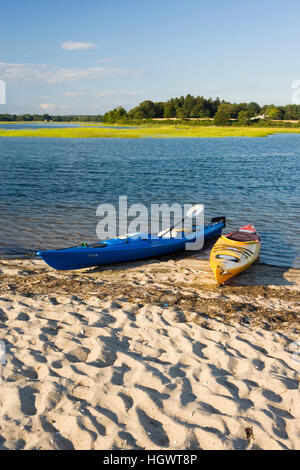 Kayaks on the beach at Griswold Point in Old Lyme, Connecticut.  Mouth of the Connecticut River.  Long Island Sound.  The Nature Conservancy's Griswol Stock Photo