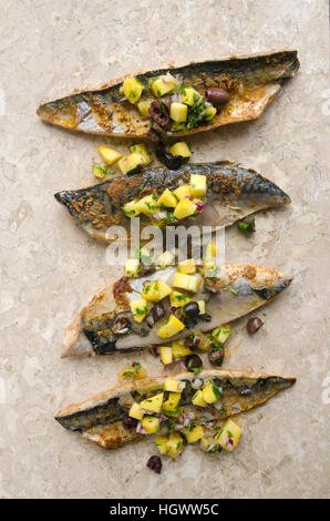 Pan-fried mackerel with golden beetroot and orange salsa Stock Photo
