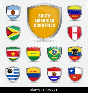 Set of metal shields with flags and the name of the South American countries. Vector illustration Stock Vector