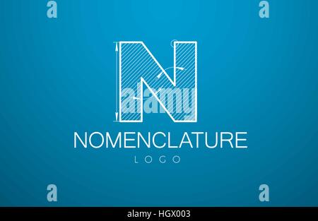 logo template letter N  in the style of a technical drawing. sign design and the text "nomenclature" with dimension lines. Vector illustration Stock Vector