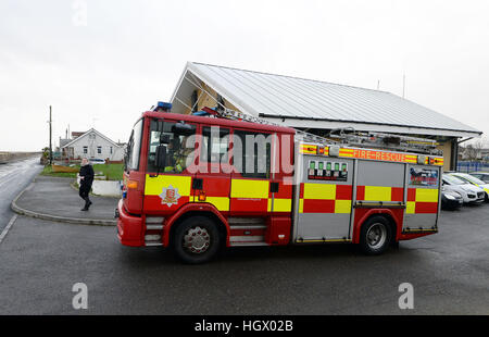 An Essex County Fire and Rescue Service fire engine arrives at Jaywick Community Centre in Essex, as police are evacuating residents amidst fears of flooding caused by a tidal surge later this afternoon. Stock Photo