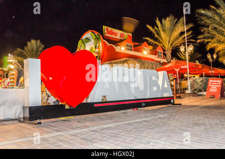 Aruba, Caribbean - September 27, 2012: I love Aruba sign near the street market  stores in Aruba island at the Caribbean sea Stock Photo